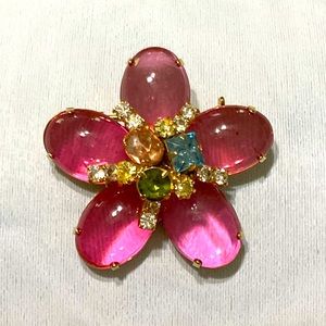 Vintage 1960's Pink Oval Cabochon Lucite Stone floral rhinestone brooch 2”